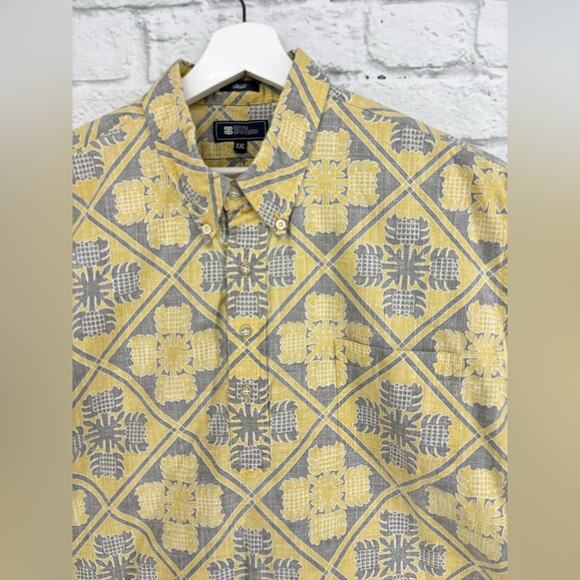 Reyn Spooner Kloth Hawaiian Aloha Quilt Geometric Popover Shirt XXL Yellow Grey - Picture 3 of 13